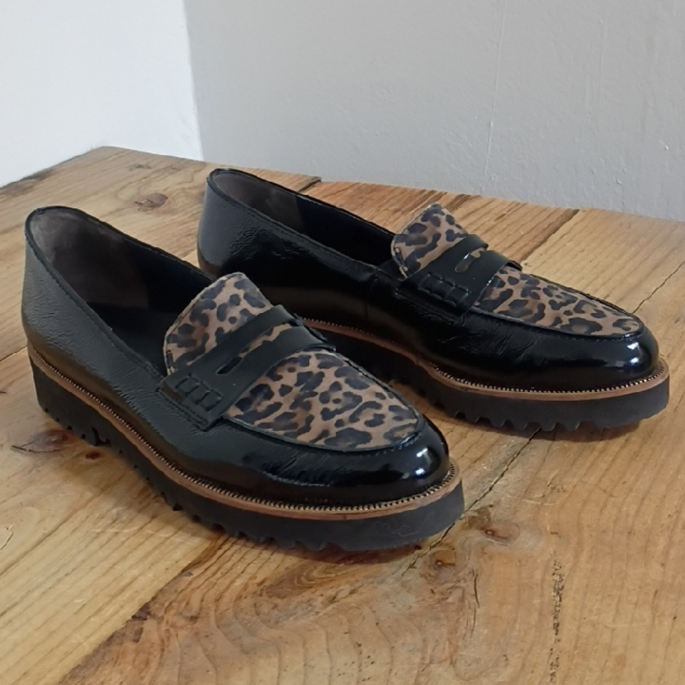 Paul Green Natasha Leopard Print Black Leather Platform Lug Loafers Size 9